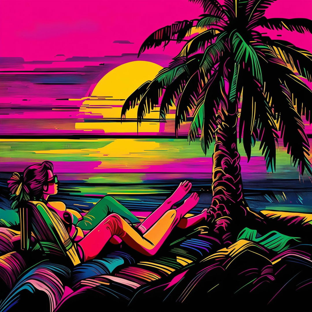 Pop art style digital painting of a palm tree on a vibrant beach with a sunbathing couple under a sunset sky.