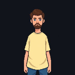 A pixel art depiction of a man with short brown hair and a short brown beard, standing full-length against a dark background