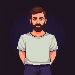 A pixel art depiction of a man with short brown hair and a short brown beard, standing full-length against a dark background