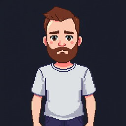 A pixel art depiction of a man with short brown hair and a short brown beard, standing full-length against a dark background