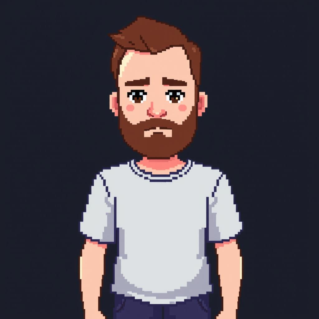 A pixel art depiction of a man with short brown hair and a short brown beard, standing full-length against a dark background