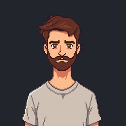 A pixel art depiction of a man with short brown hair and a short brown beard, standing full-length against a dark background