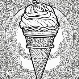 Black and white colouring book page featuring a detailed ice cream cone.