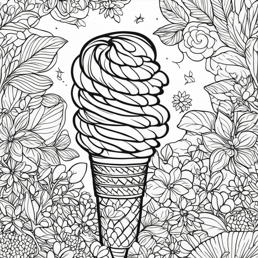 Black and white colouring book page featuring a detailed ice cream cone.