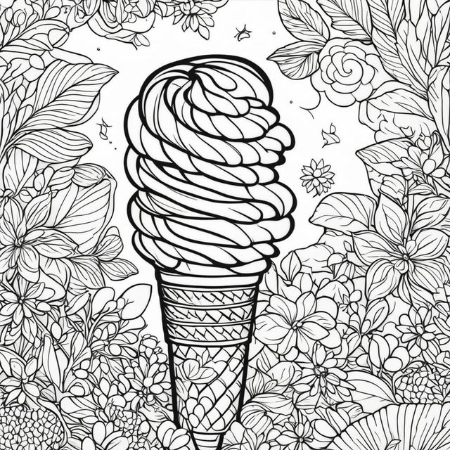 Black and white colouring book page featuring a detailed ice cream cone.