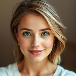 A young French woman, 30 years old, with fair skin and subtle makeup that accentuates her natural features