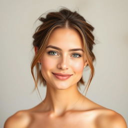 A young French woman, 30 years old, with fair skin and subtle makeup that accentuates her natural features