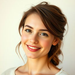 A young French woman, 30 years old, with fair skin and subtle makeup that accentuates her natural features