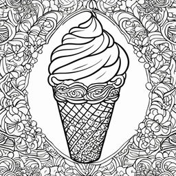 Black and white colouring book page featuring a detailed ice cream cone.