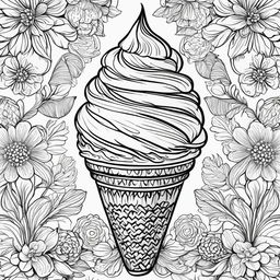 Black and white colouring book page featuring a detailed ice cream cone.