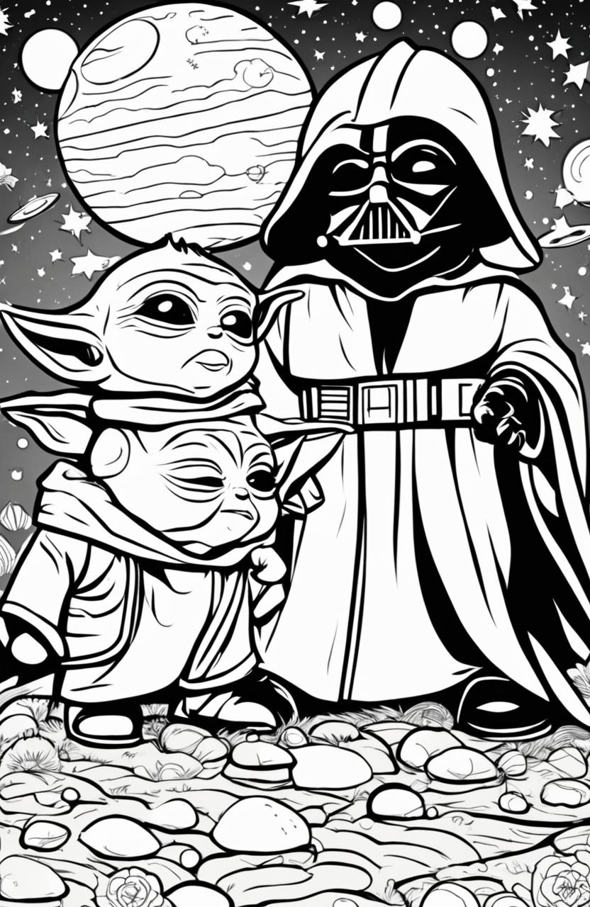 A coloring page featuring Baby Yoda and Baby Darth Vader standing side by side, surrounded by stars and planets.