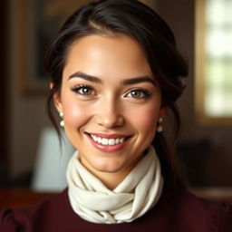 A young lady with defined cheekbones and a soft, warm smile that conveys friendliness