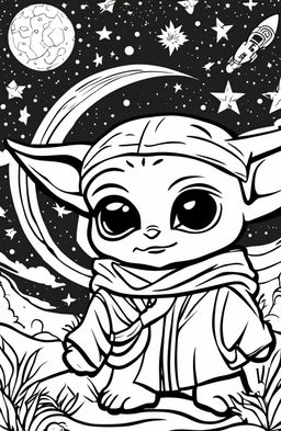 A coloring page featuring Baby Yoda and Baby Darth Vader standing side by side, surrounded by stars and planets.