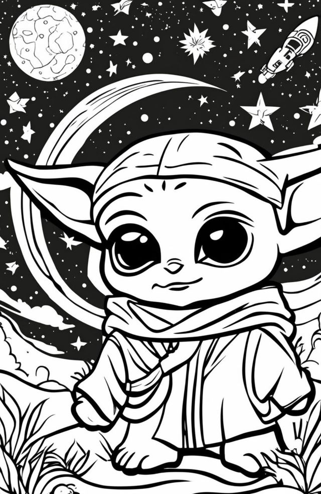 A coloring page featuring Baby Yoda and Baby Darth Vader standing side by side, surrounded by stars and planets.