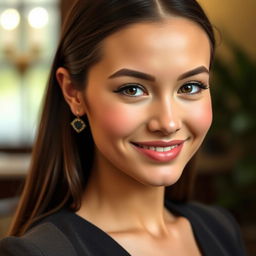 A young lady with defined cheekbones and a soft, warm smile that conveys friendliness