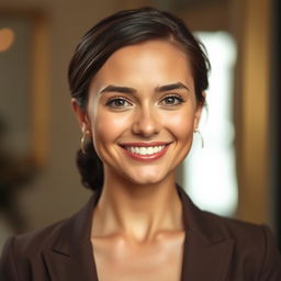A young lady with defined cheekbones and a soft, warm smile that conveys friendliness