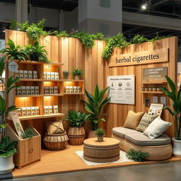A cozy and eco-friendly stand setup for a herbal cigarettes brand, featuring wooden displays with natural finishes, lush green plants surrounding the stand, and eco-conscious branding elements