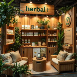 A cozy and eco-friendly stand setup for a herbal cigarettes brand, featuring wooden displays with natural finishes, lush green plants surrounding the stand, and eco-conscious branding elements