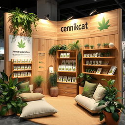 A cozy and eco-friendly stand setup for a herbal cigarettes brand, featuring wooden displays with natural finishes, lush green plants surrounding the stand, and eco-conscious branding elements