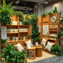 A cozy and eco-friendly stand setup for a herbal cigarettes brand, featuring wooden displays with natural finishes, lush green plants surrounding the stand, and eco-conscious branding elements