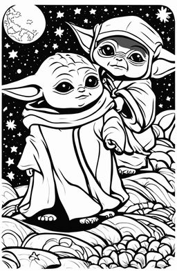 A coloring page featuring Baby Yoda and Baby Darth Vader standing side by side, surrounded by stars and planets.