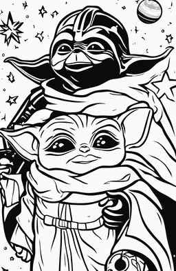 A coloring page featuring Baby Yoda and Baby Darth Vader standing side by side, surrounded by stars and planets.