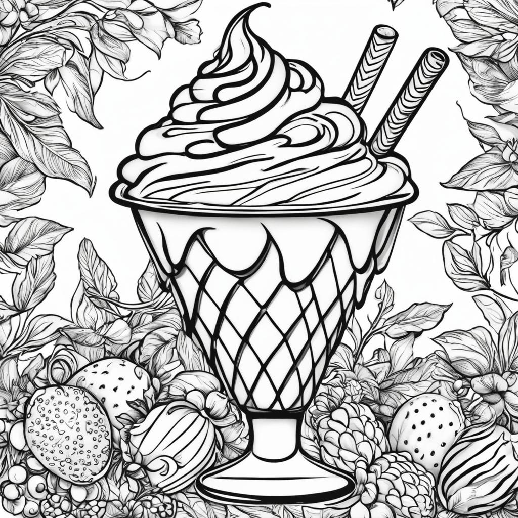 Black and white colouring book page featuring a detailed ice cream sundae.