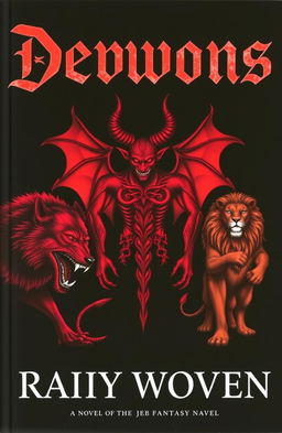A striking novel book cover featuring a central devil figure in dark red and black tones