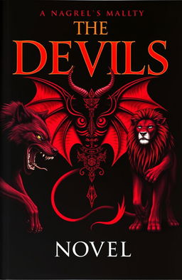 A striking novel book cover featuring a central devil figure in dark red and black tones