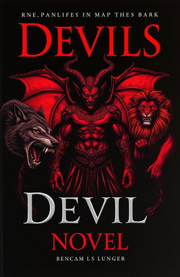 A striking novel book cover featuring a central devil figure in dark red and black tones