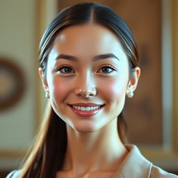 A young lady with defined cheekbones, wearing a soft, graceful smile that conveys warmth and friendliness