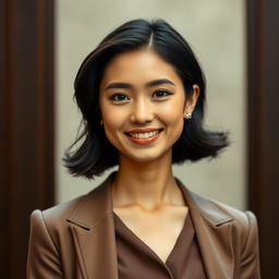 A young lady with defined cheekbones, wearing a soft, graceful smile that conveys warmth and friendliness