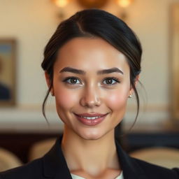 A young lady with defined cheekbones, wearing a soft, graceful smile that conveys warmth and friendliness