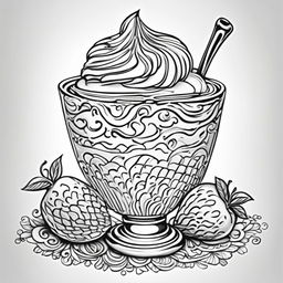 Black and white colouring book page featuring a detailed ice cream sundae.