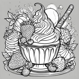 Black and white colouring book page featuring a detailed ice cream sundae.