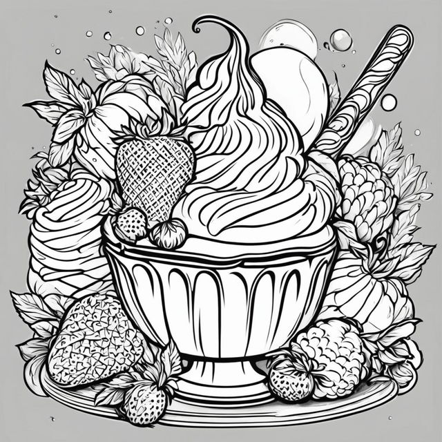 Black and white colouring book page featuring a detailed ice cream sundae.