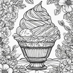 Black and white colouring book page featuring a detailed ice cream sundae.