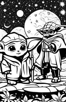 A coloring page featuring Baby Yoda and Baby Darth Vader standing side by side, surrounded by stars and planets.