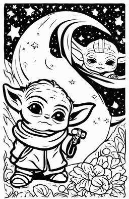 A coloring page featuring Baby Yoda and Baby Darth Vader standing side by side, surrounded by stars and planets.