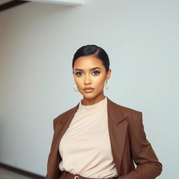 A 28-year-old woman dressed in modern fashion, standing confidently in a poised stance that exudes self-assurance