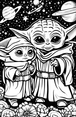 A coloring page featuring Baby Yoda and Baby Darth Vader standing side by side, surrounded by stars and planets.