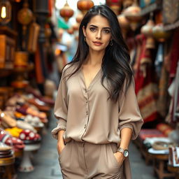 A beautiful Turkish woman aged between 30 to 45, elegantly dressed in a stylish outfit