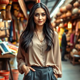A beautiful Turkish woman aged between 30 to 45, elegantly dressed in a stylish outfit