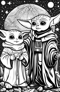 A coloring page featuring Baby Yoda and Baby Darth Vader standing side by side, surrounded by stars and planets.