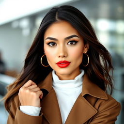 A 28-year-old woman wearing contemporary fashion, posing confidently with a strong and assertive stance