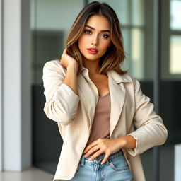 A 28-year-old woman wearing contemporary fashion, posing confidently with a strong and assertive stance