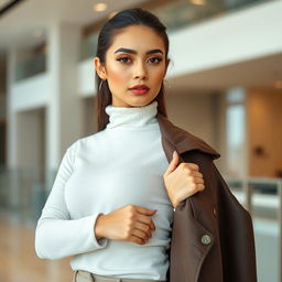 A 28-year-old woman wearing contemporary fashion, posing confidently with a strong and assertive stance