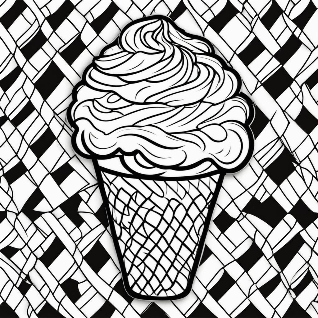 Black and white colouring book page featuring a fruity ice cream cone.