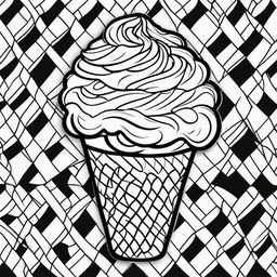 Black and white colouring book page featuring a fruity ice cream cone.