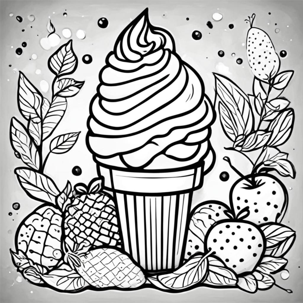 Black and white colouring book page featuring a fruity ice cream cone.